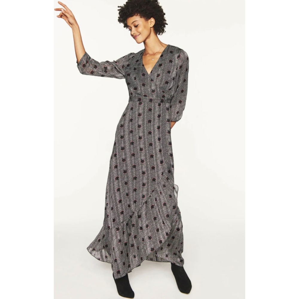 NEW ba&sh Robe Pisy Maxi Dress Size 1 Metallic Ruffle Wrap Front Long Sleeve NWT